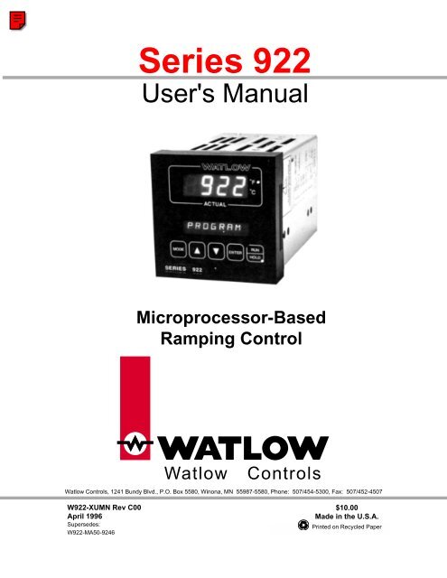 Watlow Series 922 User's Manual - Heaters Sensors Controls