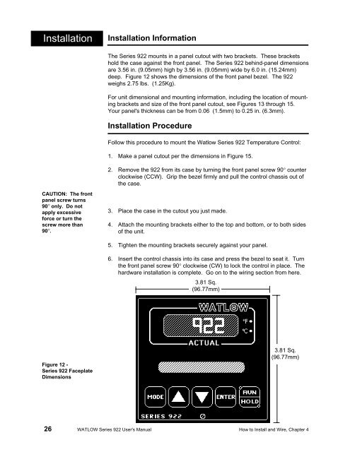 Watlow Series 922 User's Manual - Heaters Sensors Controls