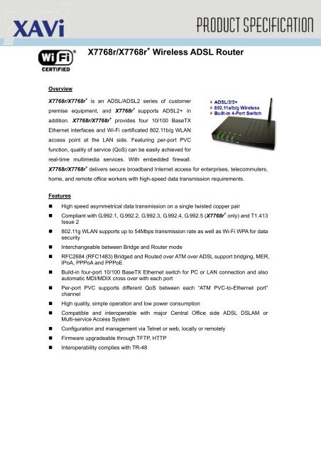 Xavi X7768R ADSL/2/2+ 4-Port Wireless 802.11g Modem Router