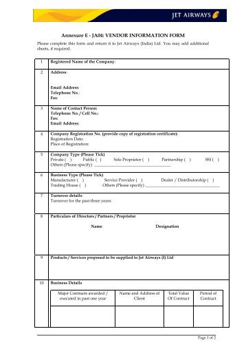 Annexure E - JA04: VENDOR INFORMATION FORM - Jet Airways