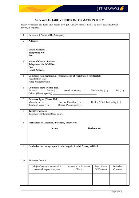 Annexure E - JA04: VENDOR INFORMATION FORM - Jet Airways