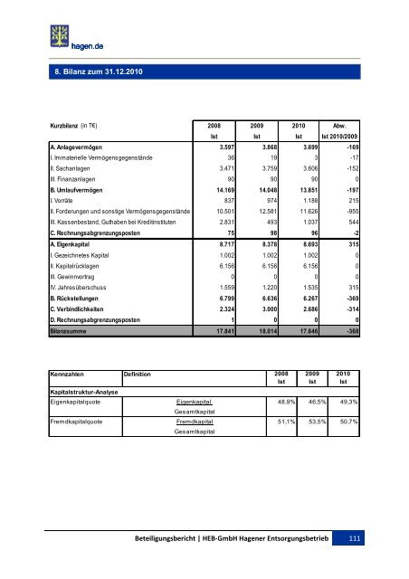 BETEILIGUNGSBERICHT Berichtsjahr 2010 - Hagen