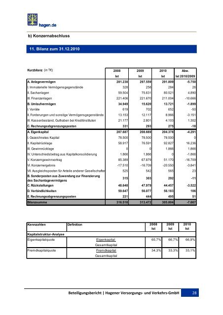 BETEILIGUNGSBERICHT Berichtsjahr 2010 - Hagen