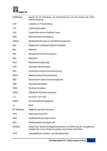 BETEILIGUNGSBERICHT Berichtsjahr 2010 - Hagen