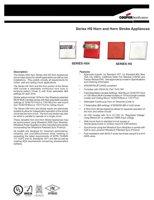 Series HS Horn and Horn Strobe Appliances - Cooper Industries