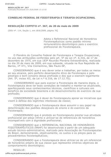 resoluÃ§Ã£o coffito nÂº 367, de 18 de junho de 2009 - Crefito | Conselho ...