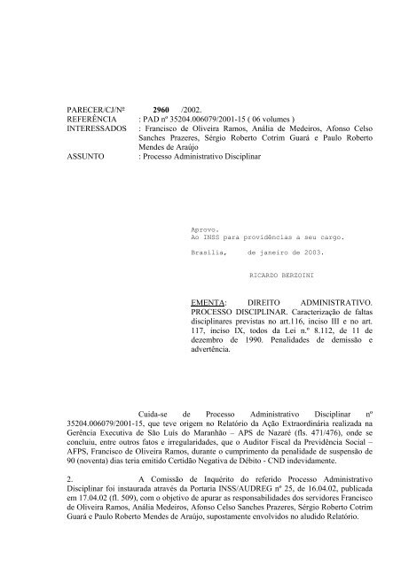 PARECER/CJ/NÂº /2001 - MinistÃ©rio da PrevidÃªncia Social