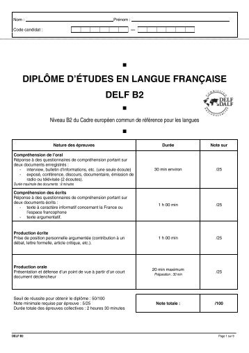 DIPLÃME D'ÃTUDES EN LANGUE FRANÃAISE DELF B2 - CIEP