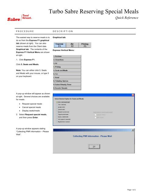 Turbo Sabre Reserving Special Meals - Sabre Travel Network