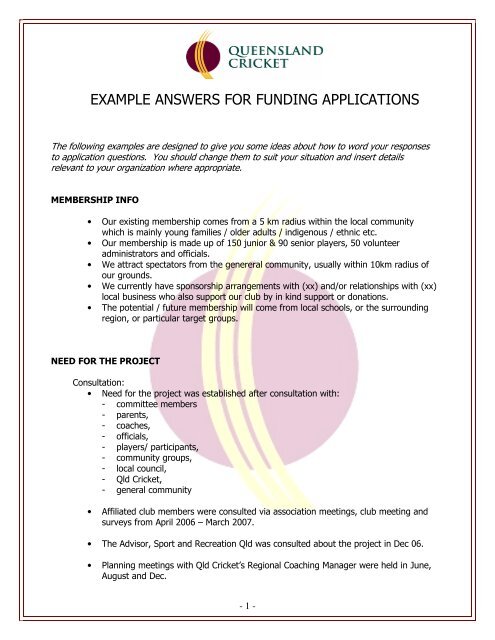 EXAMPLE ANSWERS FOR FUNDING APPLICATIONS