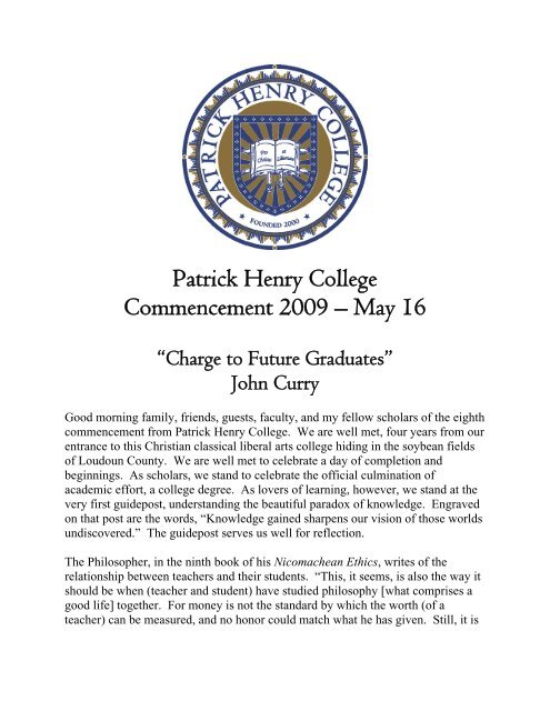 Charge to Future Graduates - Patrick Henry College