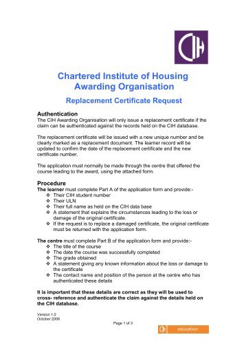 Replacement certificates - Chartered Institute of Housing