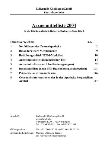 Arzneimittelliste 2004 - Zollernalb Klinikum gGmbH