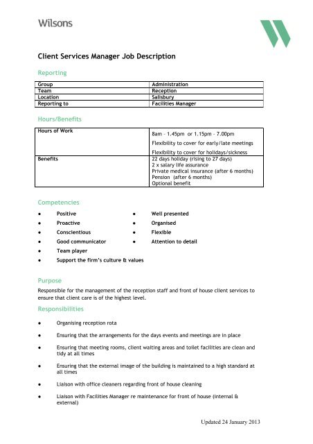 Client Services Manager Job Description Wilsons