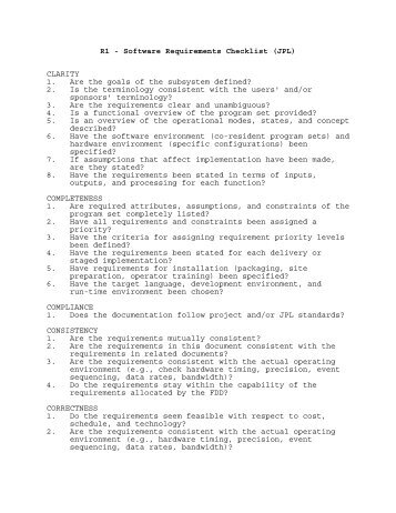 R1 - Software Requirements Checklist (JPL) CLARITY 1. Are ... - CDF