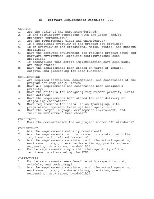 R1 - Software Requirements Checklist (JPL) CLARITY 1. Are ... - CDF