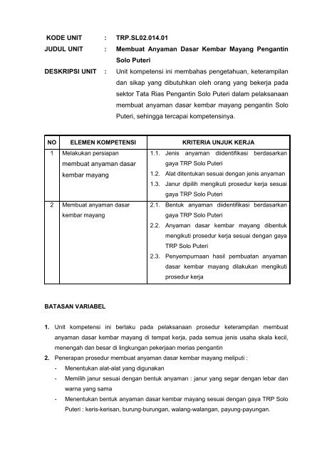 SKKNI Bidang Tata Rias Pengantin Solo Puteri