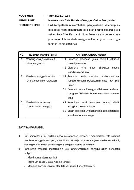 SKKNI Bidang Tata Rias Pengantin Solo Puteri