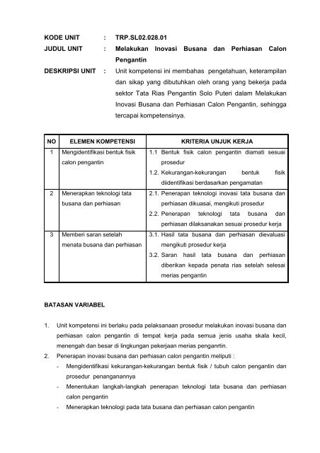 SKKNI Bidang Tata Rias Pengantin Solo Puteri