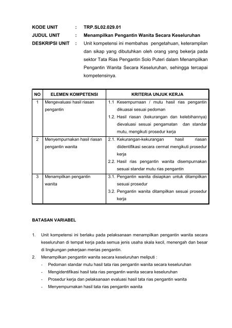 SKKNI Bidang Tata Rias Pengantin Solo Puteri