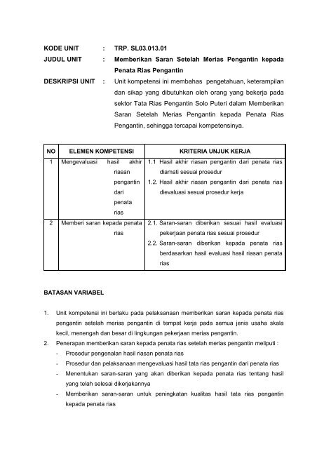 SKKNI Bidang Tata Rias Pengantin Solo Puteri