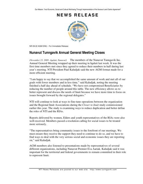 NEWS RELEASE - Nunavut Tunngavik Inc.