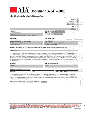 G704 - Certificate of Substantial Completion