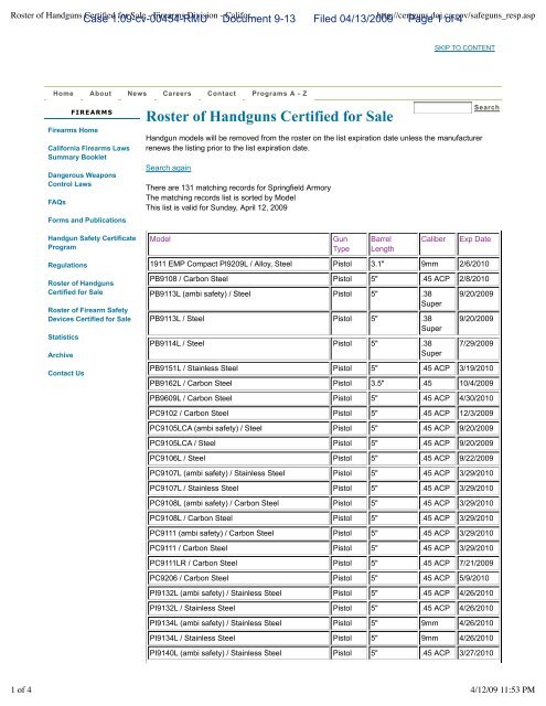 Police Department Handgun Roster Example Roster of Handguns Certified for Sale - Firearms ... - Hoffmang.com