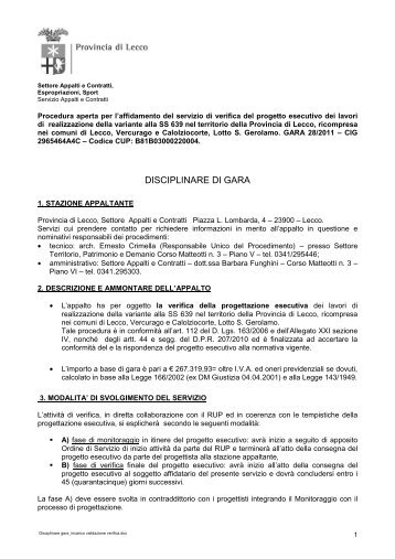 Disciplinare gara_incarico validazione verifica - Provincia di Lecco