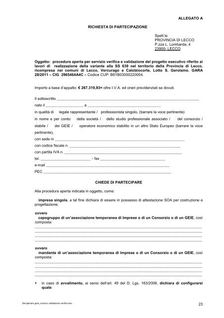 Disciplinare gara_incarico validazione verifica - Provincia di Lecco
