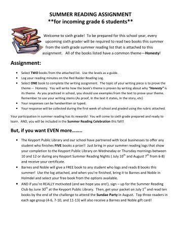 SUMMER READING ASSIGNMENT **for incoming grade 6 students ...