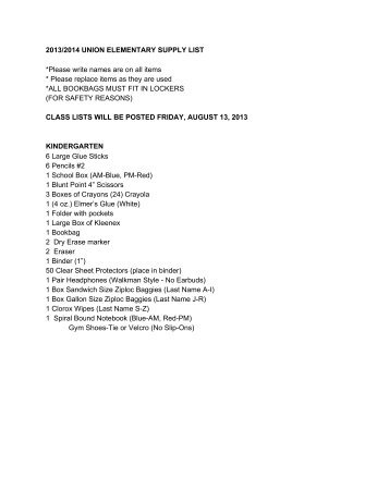 2013-2014 K-6 Supply List - Northmont City Schools