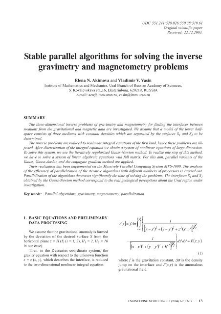 Stable parallel algorithms for solving the inverse gravimetry and ...
