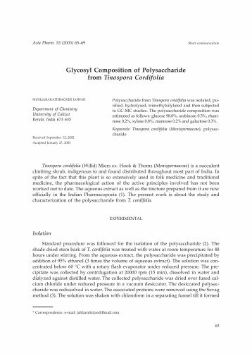 Glycosyl Composition of Polysaccharide from Tinospora Cordifolia