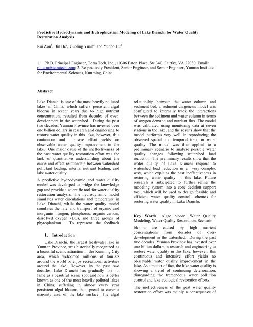 Predictive Hydrodynamic and Eutrophication Modeling of Lake ...