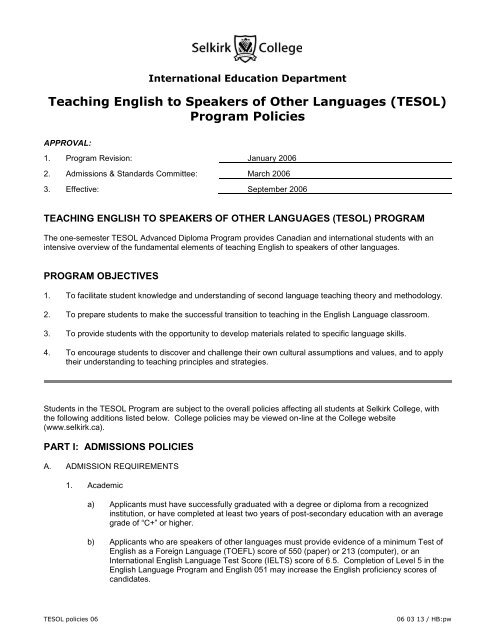 Teaching English to Speakers of Other Languages (TESOL ... - Policy