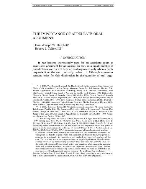 THE IMPORTANCE OF APPELLATE ORAL ARGUMENT