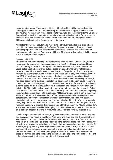 Investor Teleconference Transcript, Scott Charlton, 3 September 2007