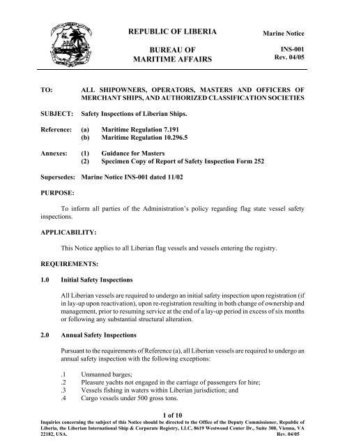 Marine Notice INS-001 dated 11 - liscr