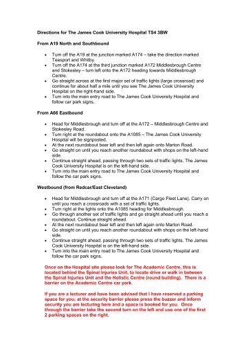 Directions The James Cook University Hospital - Northern Deanery