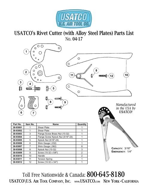 USATCO's Rivet Cutter (with Alloy Steel Plates) Parts List Toll Free ...