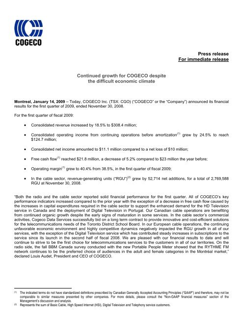 Q1-2009 Press release - Cogeco