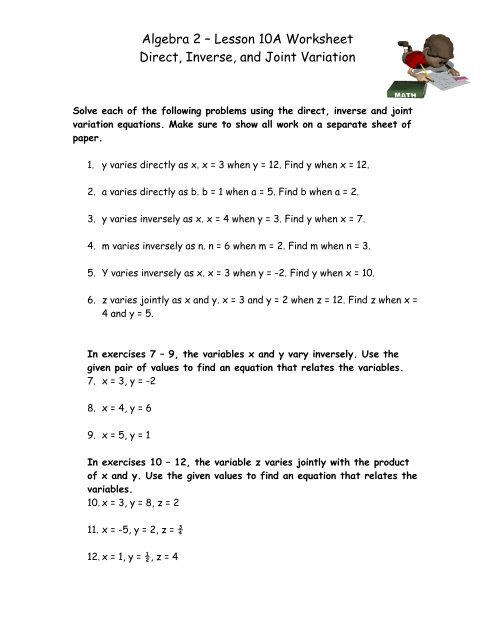 Algebra 2 A Lesson 10a Worksheet Direct Inverse And Joint Variation