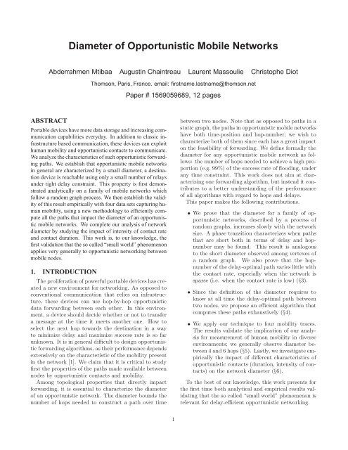 Diameter of Opportunistic Mobile Networks - Paris Research ...