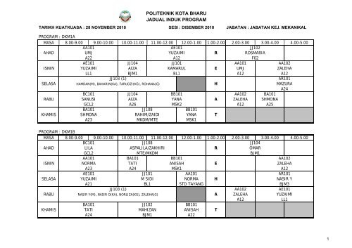 Jadual Waktu - Politeknik Kota Bharu