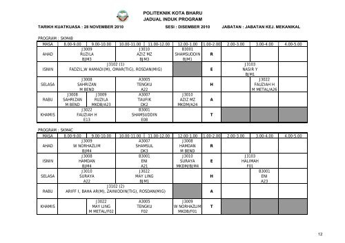 Jadual Waktu - Politeknik Kota Bharu