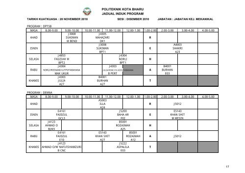 Jadual Waktu - Politeknik Kota Bharu