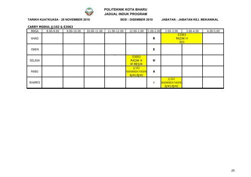 Jadual Waktu - Politeknik Kota Bharu