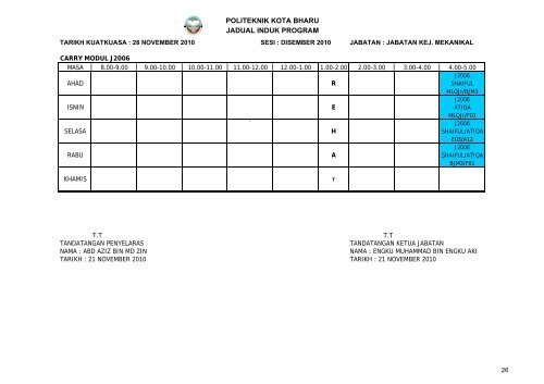 Jadual Waktu - Politeknik Kota Bharu