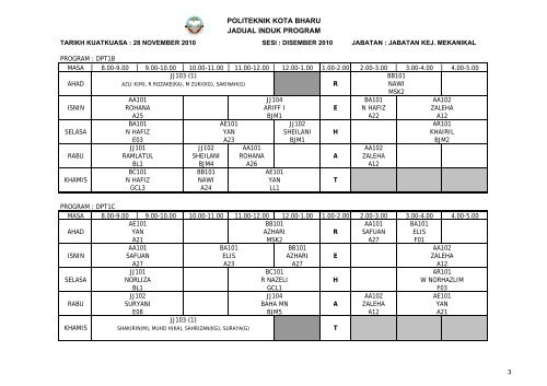 Jadual Waktu - Politeknik Kota Bharu